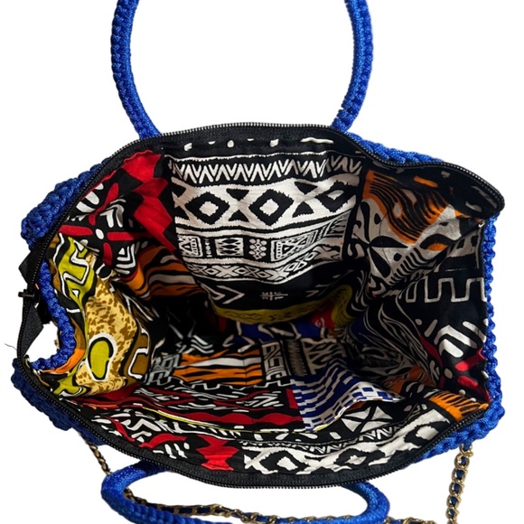 Handmade Blue African Print Crochet Trapezoid Handbag - Picture 2 of 5